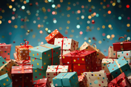 Many colorful gift boxes flying on festive blue background with copy space and confetti. Present boxes levitation. Fathers, Valentines day, Birthday, anniversary concept. Holiday saleの素材