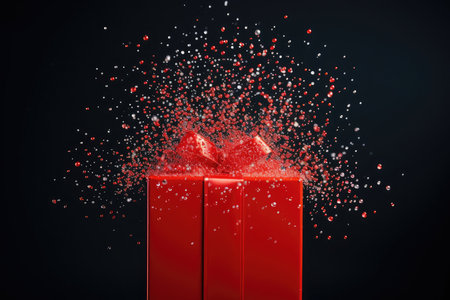 Red gift box with a bow and golden confetti on festive glittering bokeh background. Fathers, Valentines day, Birthday, anniversary present concept. Holiday saleの素材