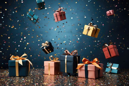 Many colorful gift boxes on festive glittering bokeh dark blue background with copy space and confetti. Present boxes levitation. Fathers, Valentines day, Birthday, anniversary concept. Holiday saleの素材