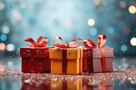 Many gift boxes with a bow on a mirror surface on festive glittering bokeh background with copy space and confetti.. Fathers, Valentines day, Birthday, anniversary present concept. Holiday saleの素材