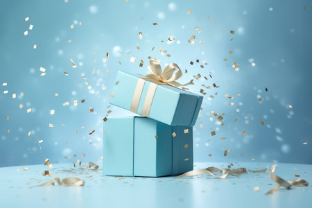 Blue gift boxes with a golden bow on festive glittering bokeh background with confetti and copy space. Fathers, Valentines day, Birthday, anniversary present concept. Holiday saleの素材