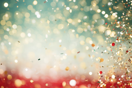 Abstract festive dark blue and red bokeh background of defocused golden sparkle splash of confetti with copy space for text. Holiday greeting card. Anniversary, birthday, valentine, christmas conceptの素材