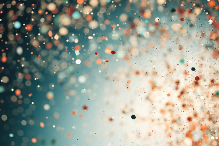 Abstract festive green background of multicolor sparkle confetti circles with copy space for text. Holiday greeting card. Anniversary, christmas pattern conceptの素材