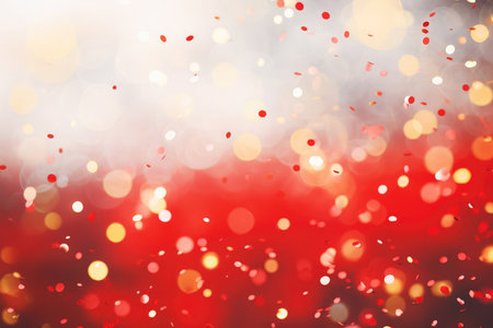 Abstract festive red bokeh background of defocused sparkle confetti circles with copy space for text. Holiday greeting card. Anniversary, valentine, christmas conceptの素材