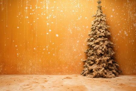 Snowy Christmas Tree decorated with snow on orange background with copy space. New Year celebration and winter holiday.の素材