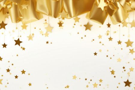 Festive golden background sparkle star confetti and stage curtain with copy space for text. Holiday greeting card. Anniversary, christmas concept. Holiday saleの素材