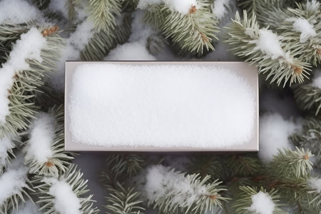 Christmas background with fir branches in snow wit on snowy background with empty paper white blank for text. Mockup and copy space. Christmas greeting card and holiday sale conceptの素材