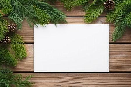 Christmas background with fir branches with cones on wooden background with empty paper white blank for text. Mockup and copy space. Christmas greeting card and holiday sale conceptの素材