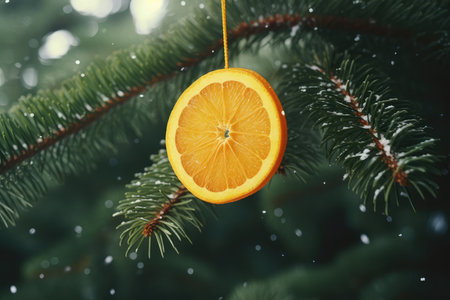 Christmas green fir tree branch with hanging slice of orange ball like a tree toy close up. Christmas greeting card and holiday conceptの素材