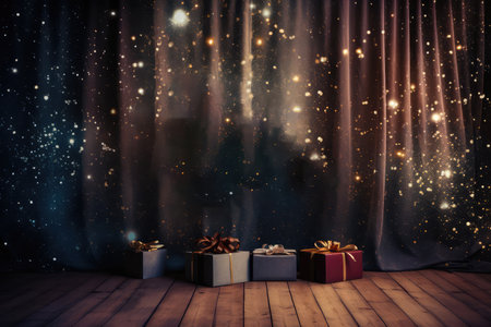 Christmas beautiful stage curtain with present gift boxes with festive lights of glowing garland and brown wooden floor. New Year background with copy space.の素材