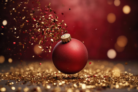 Red Christmas tree toy ball with festive golden confetti on a bokeh background. New Year celebration, Christmas greeting card and holiday sale concept.の素材