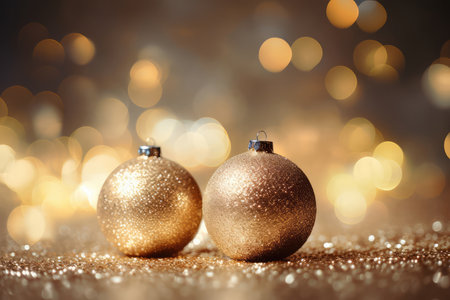 Golden Christmas tree toy balls with festive confetti on a pastel bokeh background. New Year celebration, Christmas greeting card and holiday sale concept.の素材