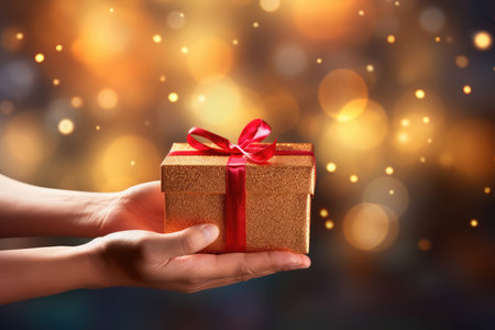 Female's hands giving and holding gift box with red ribbon on dark sparkle festive bokeh background with copy space. Christmas, birthday greeting card or holiday sale conceptの素材