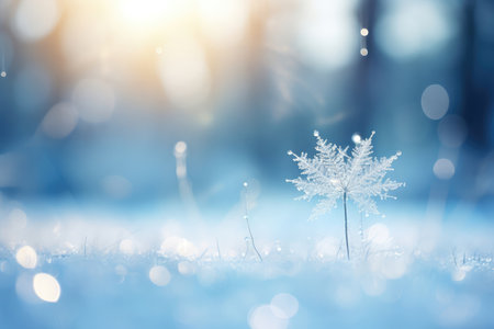 Winter landscape of frozen flowers in ice and frost in the form of snowflake. Beautiful winter background with copy space.の素材