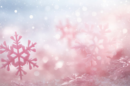 Beautiful white decorative snowflakes on a festive pink bokeh background with copy space for text. Abstract winter pattern background. Holiday greeting card and Christmas sale concept.の素材