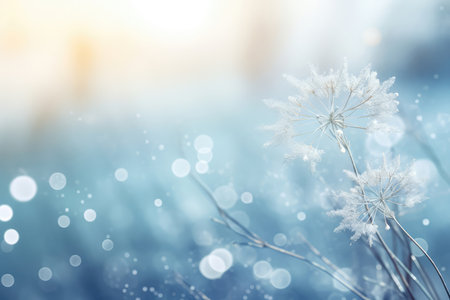 Winter landscape of frozen flowers in ice and frost. Beautiful winter background with copy space.の素材