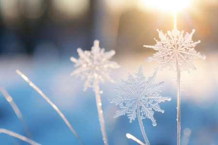 Winter landscape of frozen flowers in ice and frost in the form of snowflake. Beautiful winter background with copy space.の素材