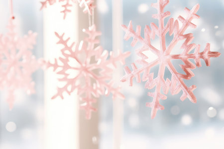 Beautiful white decorative snowflakes on a festive pink bokeh background with copy space for text. Abstract winter pattern background. Holiday greeting card and Christmas sale concept.の素材