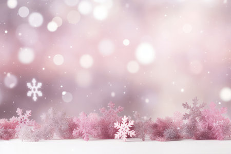 Beautiful white decorative snowflakes on a festive pink bokeh background with copy space for text. Abstract winter pattern background. Holiday greeting card and Christmas sale concept.の素材