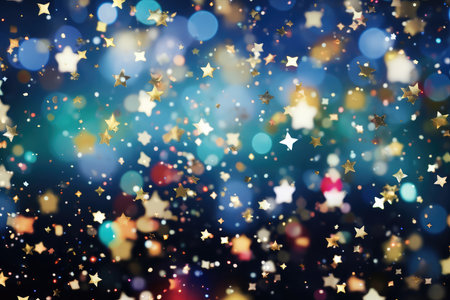 Abstract festive dark blue bokeh background of defocused colorful sparkle splash of confetti with copy space for text. Holiday greeting card. Anniversary, birthday, valentine, christmas conceptの素材
