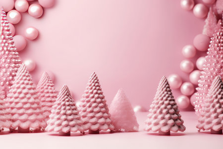 Pink Christmas balls and miniature trees like a frame with copy space. New Year's decorations background. Merry Christmas and Happy New Year concept.の素材