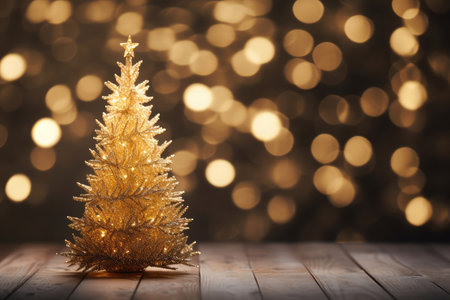 Miniature shiny golden Christmas tree on wooden table with festive bokeh blurred background. Christmas holiday celebration concept. Greeting card.の素材