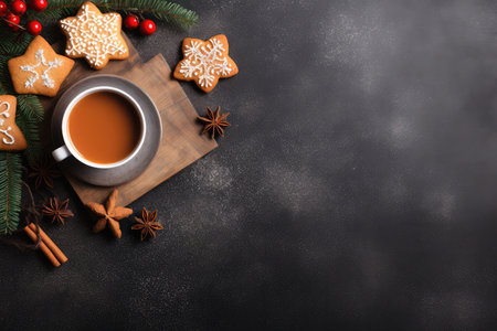 Top view of cookie gingerbread and cup of coffee or tea on festive black table with spruce branches with copy space. Holiday morning Christmas breakfast.の素材