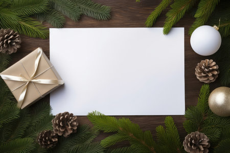 Top view of white card blank, template, mockup on a festive background of fir tree and golden and white toy balls, cones and present gift box. Christmas greeting card and holiday sale conceptの素材