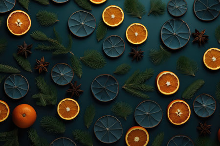 Top view of painted dry orange citrus ripe tangerines slices and green fir branches on blue background, flat lay. Christmas pattern. holiday celebration and greeting card.の素材