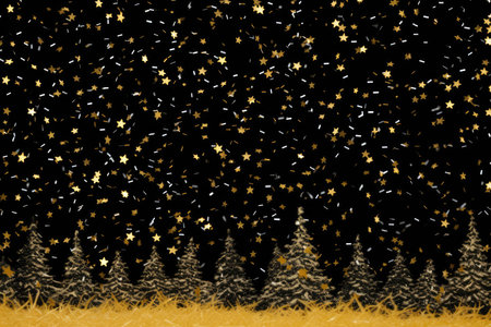 Beautiful Christmas fir trees with golden confetti on dark black festive background with copy space. Christmas holiday celebration concept. Greeting card.の素材