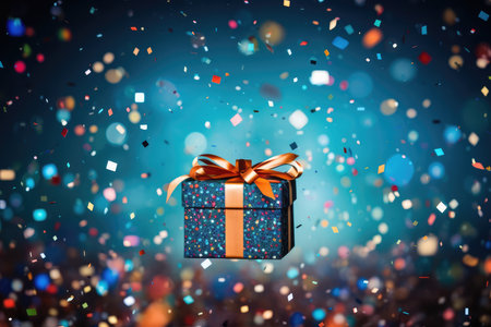 Blue gift box flying on festive blue background with copy space and confetti. Present box levitation. Fathers, Valentines day, Christmas, Birthday, anniversary concept. Holiday saleの素材