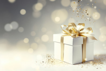 golden gift box with a bow and confetti on festive glittering dark black bokeh background. Fathers, Valentines day, Birthday, anniversary present concept. Holiday saleの素材