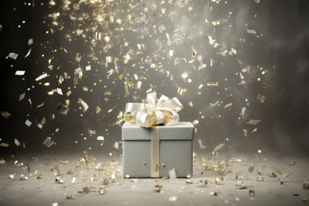 golden gift box with a bow and confetti on festive glittering dark black bokeh background. Fathers, Valentines day, Birthday, anniversary present concept. Holiday saleの素材