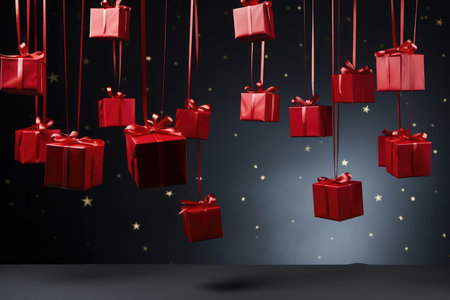 Many red gift boxes flying and hanging on festive dark black background with copy space. Present boxes levitation. Fathers, Valentines day, Christmas, Birthday, anniversary concept. Holiday saleの素材
