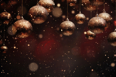Golden Christmas tree toy balls hanging on festive red dark bokeh background with sparkle confetti. New Year celebration, Christmas greeting card and holiday sale concept.の素材