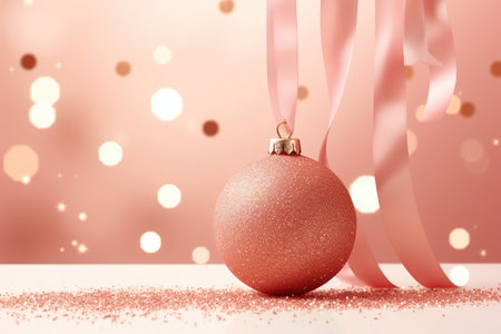 Pink Christmas tree toy ball on a pink bokeh background. New Year celebration, Christmas greeting card and holiday sale concept.の素材
