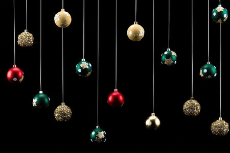Golden, green and red Christmas tree toy balls hanging on festive dark black background. New Year celebration, Christmas greeting card and holiday sale concept.の素材