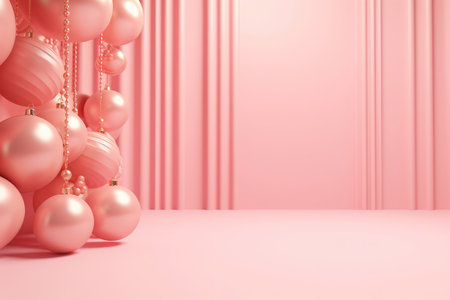 Pink Christmas balls on a light pastel background with copy space. New Year's decorations. Merry Christmas and Happy New Year concept.の素材