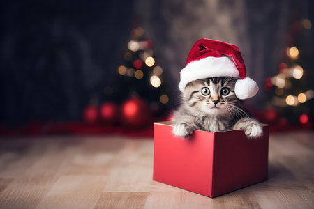 Adorable gray striped cute funny little cat in santa claus hat sitting under Christmas tree with gift present box on dark bokeh background with copy space. New Year kitty pet and winter holidaysの素材