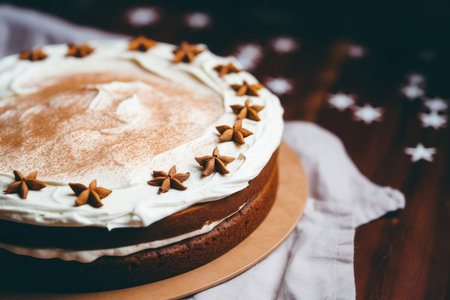 Winter cake decorated with cinnamon on wooden table background. Pastries for Christmas and New Year. Holiday baking food concept.の素材