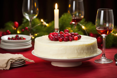 Christmas cake glazed and decorated with white cream and sugared cranberries on festive red table with glasses of vine. Pastries for Christmas and New Year. Holiday baking food concept.の素材