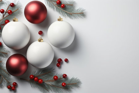 Top view template, mockup on a festive background of fir tree and red and white toy balls. Christmas greeting card and holiday sale conceptの素材