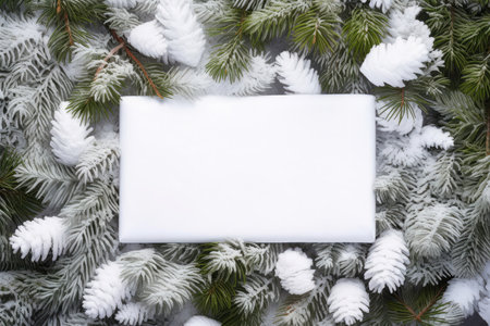 Christmas background with fir branches in snow wit on snowy background with empty paper white blank for text. Mockup and copy space. Christmas greeting card and holiday sale conceptの素材
