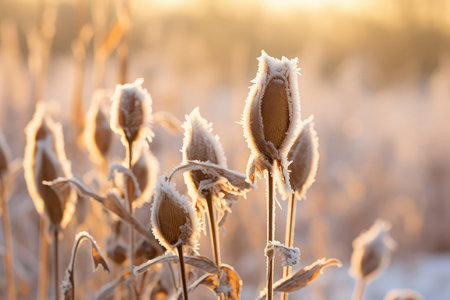 Winter landscape of frozen flowers in ice and frost. Beautiful winter background with copy space.の素材