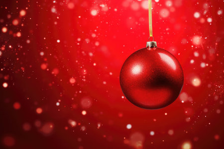 Red Christmas tree toy ball with festive confetti on a bokeh background with copy space. New Year celebration, Christmas greeting card and holiday sale concept.の素材