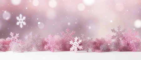 Beautiful white decorative snowflakes on a festive pink bokeh background with copy space for text. Abstract winter pattern background. Holiday greeting card and Christmas sale concept.の素材