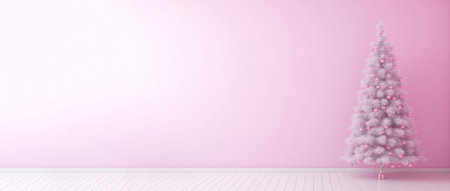 Pink Christmas Tree decorated with toy balls stand in interior of living room with pink wall and present gift boxes with copy space. New Year celebration and winter holiday.の素材