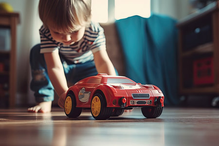 Cute little child boy playing with red big car toy sitting on the floor in his play room. Kid playing with vehicles at home, riding automobile. Kids toys, leisure and entertainment concept.の素材