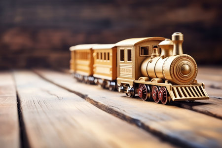 Wooden toy train locomotive on brown background with copy space. Road trip, travel, vacation concept. Educational development toy for kidsの素材