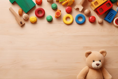Top view of kids toys frame on wooden background with copy space. Educational development toy for kids. Children leisure and entertainment conceptの素材